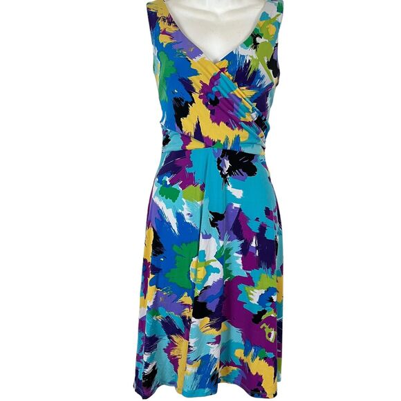 Sandra Darren Womens Colorful Jersey Knit Stretch Sleeveless Fit Flare Dress 10 - Picture 1 of 16
